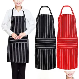 Aprons Plain Stripe Kitchen Apron With Front Pocket For Chefs Butchers Cooking Baking Drop Delivery Home Garden Textiles Dh6Ml