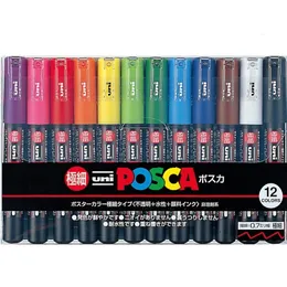 Uni Posca Paint Marker Pen - Extra Fine Point 8/12 Färger PC -1M för Rock Mug Ceramic Glass Wood Tyg Metal Målning Quick Dry 240430