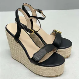 Designers Espadrille Wedge Sandals Women Platform Black Leather High Heels Double G Sandal Summer Beach Sexy Wedding Shoes With Box 291