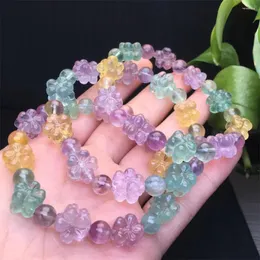 Link Bracelets 10MM Natural Colored Fluorite Small Flower Bracelet Women Trendy Reiki Healing Elastic Yoga Energy Wristband Jewelry Gift