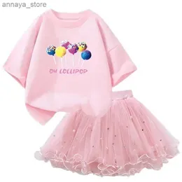 Giyim Setleri 2024 Yeni Yaz Kızları Şeker Lolipop T-Shirt+Tutu Skirt 2pcs Çocuk Partisi Doğum Giysileri2405L24045