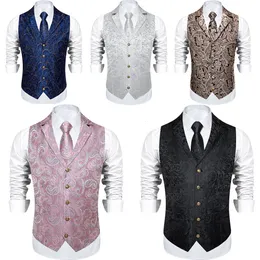 Mens Suit Vest Black Silver Paisley Floral Gothic Waistcoat Party Dresses Victorian Tie Set Groomman For Wedding 240507