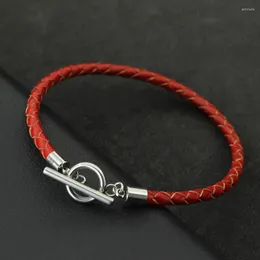 Charm Bracelets Fashion Mens Genuine Leather Bracelet Stainless Steel OT Buckle Bangle 4mm Thin Braided Pulsera De Cuero Red Wrap Braslet