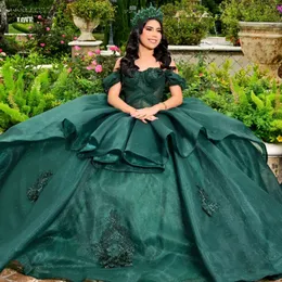 Svartgrön glittrande sexig älskling quinceanera klänningar från axel Applique Beading Vestidos de 15 anos bollklänningar 2024