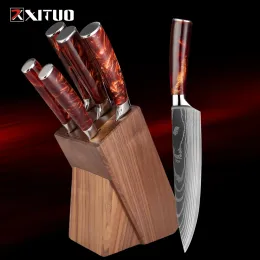Zestaw noża kuchennego z wysokiej klasy zawiera nóż szefa kuchni, nóż chlebowy, nóż boningowy, nóż owocowy, uchwyt na obfitość noża z litego drewna