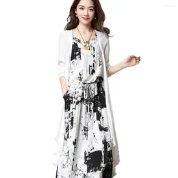 Work Dresses 2 Pcs/Set Dress Cardigan Set Women Vintage Print Long Pockets Sleeveless O Neck Midi Sets Conjuntos Para Vestir