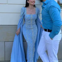 Sharon sa att lyx Dubai Sky Blue Mermaid Muslim Evening Dresses With Cape Sleeves Arabic Women Lilac Wedding Party Gowns SS365 240509