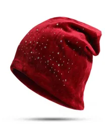 Vinter velor slouchy beanie hatt för kvinnor cashion rhinestones diamant skalliesbeanies kvinnliga mjuka varma hattar casual girl039s c8780621