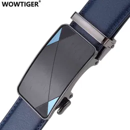 WOWTIGER blue 3 5cm width Cow genuine leather mens belt cowhide strap ratchet automatic buckle belts for men brand designer belt 210322 199S