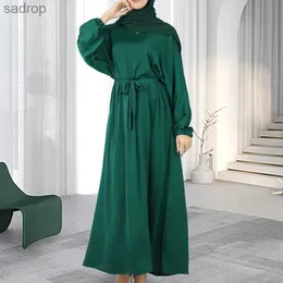 Basic Casual Dresses Modest Women Belted Dress Solid Satin Prayer Robe Kaftan Long sleeved Arab Oman Morocco Eid al Fitr Dress Eid al Adha Muslim Dress XW