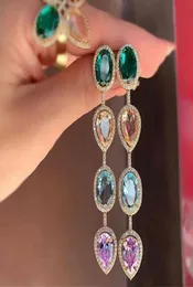 Luksusowe krople wodne długie kolczyki owalne zielone kryształowy sześcien cyrkonowy Kamień wielokolorowy kolczyk do ucha dla kobiet Boho Party Jewelry7842820