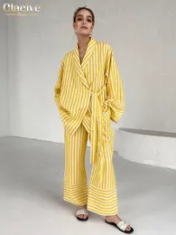 Clacive Casual Yellow Stripe Home Suits Elegant High Waist Wide Pants Set Fashion Long Sleeve Shirts Two Piece Women Outfit 240423