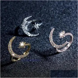 Pierścienie klastra Pierścień Fashion Finger Sier Kolor Star Moon for Women Wedding Party Biżuteria Shine Crystal Metal Flower Otwarcie Anillo Drop otkh3