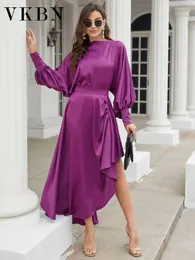 Work Dresses VKBN Irregular Top 2 Piece Set Women Purple Green Slash Neck Lantern Full Sleeve Elastic Waist Ruffle Skirt Fashion 2024