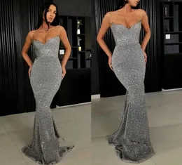 2020 Dark Grey Prom -klänningar Full paljetter Spaghetti Straps Mermaid Long Evening Downs Plus Size Made Made Pageant Dress BC02749696622