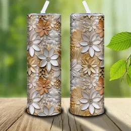 Bottiglie d'acqua 1pc Modello di fiori in oro bianco 3D 3D Tambler sottile in acciaio inossidabile tinto con paglia e coperchio adatti alla donazione regalo