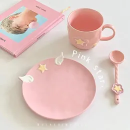 귀여운 소녀 애프터눈 티 핑크 세라믹 커피 컵 및 숟가락 3 차원 작은 날개 별 240508과 함께한 접시 세트