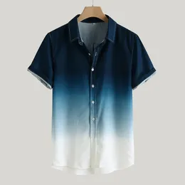 Koszulka męska Hawajska koszula Summer chłodne cienkie oddychające oddychające szyję gradient barwiony bawełniany lniany guzik krótki rękaw 2024