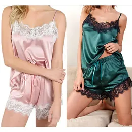 Модная сексуальная имитация шелковая кружевная пижама, набор женщин удобные шорты подвески без рукавов Nightwear 240423