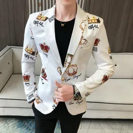 Crown Printing Mens Blazer Wedding Busines Clothing Mens Slim Tuxedo Spring Spring Mens Party Party Stage Suital Suit Suction 240426