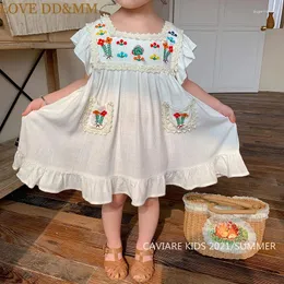 Vestidos de menina amor ddmm garotas de verão flor bordado vestido de bolso crianças figurinos doces crianças roupas de bebê vestidos vestidos