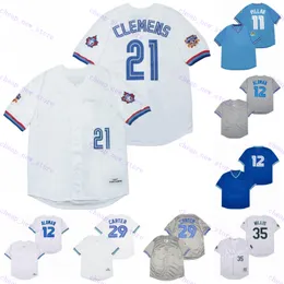 Camisas de beisebol baratas 11 pilar /12 alomar /21 Clemens /29 Carter /8 Dawson /20 Cabrera /35 Willis vintage Retro azul branco cinza camisa costurada costura