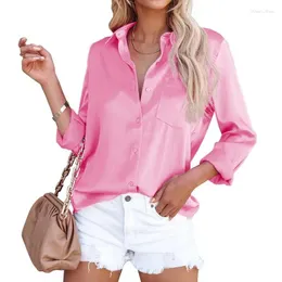 Kvinnors T-skjortor 2024Summer Trendy European och American Acetate Satin Solid Color Long-Sleeved Business Blus Shirt Com
