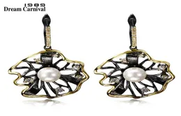 DreamCarnival 1989 Lotus Flower Earrings Hollow Created Pearl CZ Black Gold Color Hip Hop Pendientes tipo gota Parties Jewelries 28189059