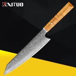 Xituo Damascus Chef Knife 8 Inch, Pro Damascus Super Steel Kitchen Knife, Ultra Sharp Japanese Knife With Ergonomic Golden Handle