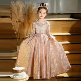 abiti da fiore di fiore di abito da ballo con paillettes rosa con applique floreali a farfalla 3D in rilievo per le maniche lunghe con maniche lunghe abiti da concorso di lusso per bambini abiti da bambino