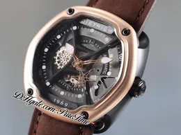 Dietrich Organic Time 1969 Miyota 82S7 Automatic Mens Watch Two Tone PVD 18K Rose Gold Bezel Black Skeleton Dial Brown Leather Str2651290