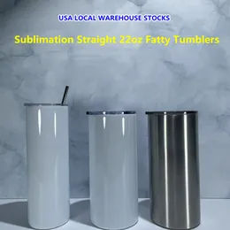 USA STOCKS Sublimation 22oz Straight Fatty Tumblers Stainless Steel Double Wall Insulated Vacuum Blanks White Skinny Water Bottles DIY 208H