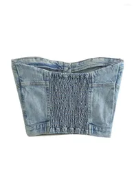 Women's Tanks Women Y2K Denim Crop Top Vest Chic Backless Off Shoulder Strapless Corset Tube Sexy Button Up Jeans