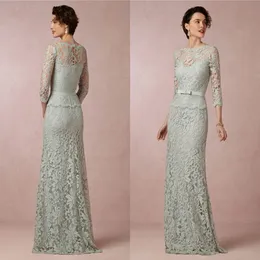 2016 Mode Sage Mother of the Bride Dresses Sexig Sheer Jewel-Neck Elegant 3 4 Långärmad mantel Mamma från brudgummen Dress Floor Length 293m