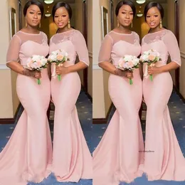 Blush Pink African Nigerian Mermaid Sukienki druhny z rękawem 2021 Sheer Lace Secion Plus Size Maid of Honor Wedding Gown 0509