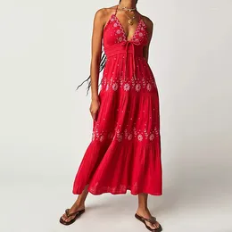 Sukienki swobodne boho flow maxi sukienka dla kobiet spaghetti pasek otwarty z tyłu haftowany huśtawka latem długie vestidos para mujer