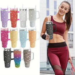 1pc Sparkling Studded Tumbler With Lid 40oz Stainless Steel Insulated Water Bottle With Handle Portable Drinking Cup For Car 240508
