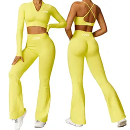Lu Align Set 2024 Eight Seamless 4-eafe Women Yoga Set v Neck Rack Back Back Brat Bra Lift Hip Fiess Sports Flare Pants Lemon LL