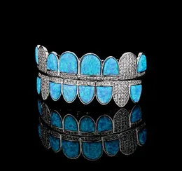 14K Gold CZ Vampire Teeth Grillz Iced Out Micro Pave Cubic Zircon BLUE Opal 8 Tooth Hip Hop Grill Top Bottom Mouth Grillzs Set wit7506101
