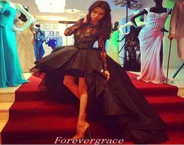 Sexy High Low Bow Dress Black Color Lace Long Women Formale Wear Wear Pageant Abito da festa su misura Plus size9298461