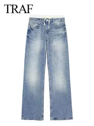 Traf kvinnor mode lapptäcke hög midja falska två stycken denim byxor kvinnliga mångsidiga gata blå jeans breda benbyxor 240423
