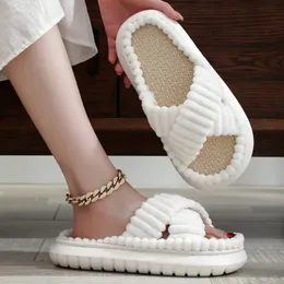 2024 Autumn Winter Women Home Slippers Opentoe Cross Band Linen Soled Inomhus Slides Nonslip Badrum 240507