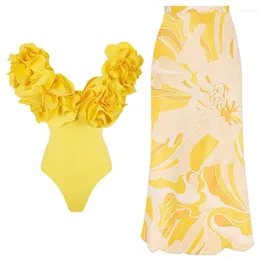 Women's Swimwear 3D Flower Push Up Women Swimsuit 2024 Dress Girls Bikini Sets Off Shoulder One Piece Beach Bathing Suit Skirt