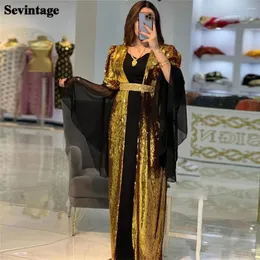 Partykleider Sevintage Luxus Black Gold Meerjungfrau Abendkleid V-Ausschnitt Lange Fackel Ärmel Seqineds Prom Kleid Gürtel bodenlange algerisch