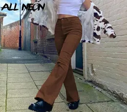 Allneon Indie Esthetics Slim Brown Flare Jeans Y2K Vintage Solid High -талия мамы брюки 90 -х