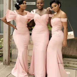 2021 Pink Satin New Design Ruched For Wedding South African Plus Size Mermaid Maid of Honor Gowns Bridesmaid Dresses 0509