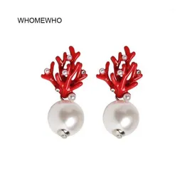 Studh Who Who Red Coral Deer Antler White Faux Pearl Kolczyki świąteczne Moda Gift Biżuteria Wakacyjna impreza