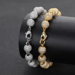 8mm Hip Hop Round Beads Ball Chain Bracelets 5A Zircon Gold Women Mens Jewelry
