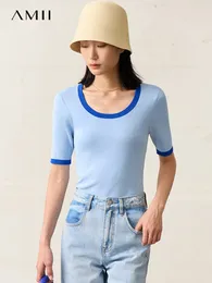 AMII Minimalismo Sweater Womens Summer Summer Slim Casual Tops Pullovers de manga curta contrastantes de malhas pretas 12312002 240508