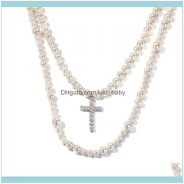 Chains Necklaces Pendants Jewelrychains Europe Hip Hop Exaggeration Cross 8-10Mm Pearl Necklace Pendant Fashion Out Men And Women Jewel 283o